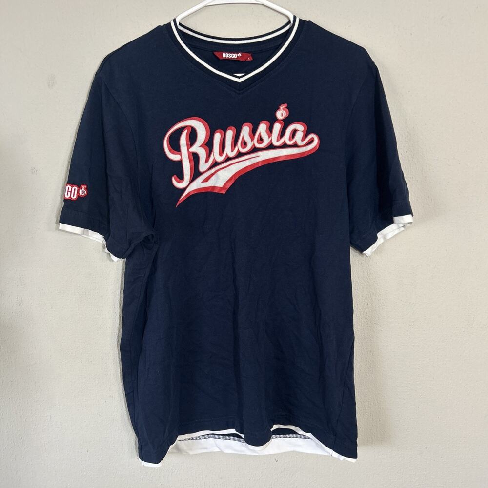 Vintage Bosco Russia T Shirt 100% Cotton Large Navy Blue Short Sleeve
